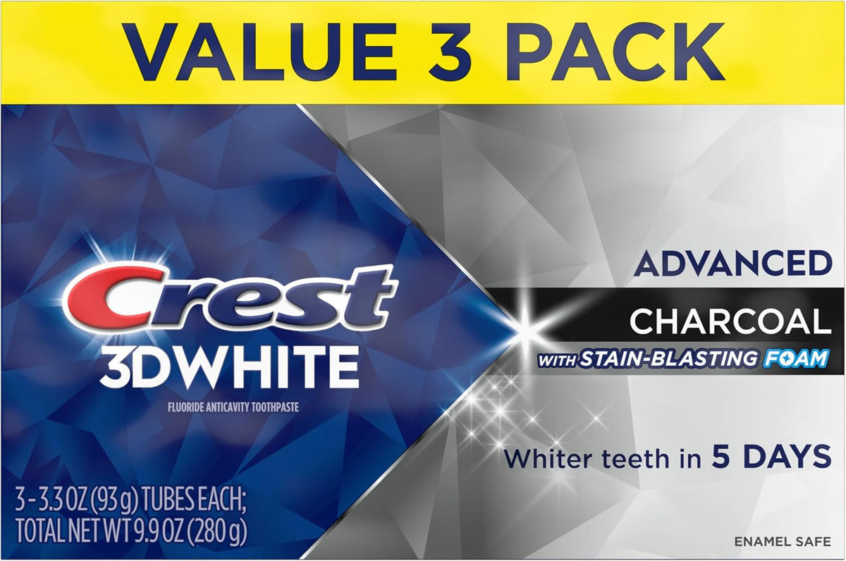 Crest 3D White Charcoal Toothpaste Pack - Whitening Fluoride Gel, 3 x 3.3 oz