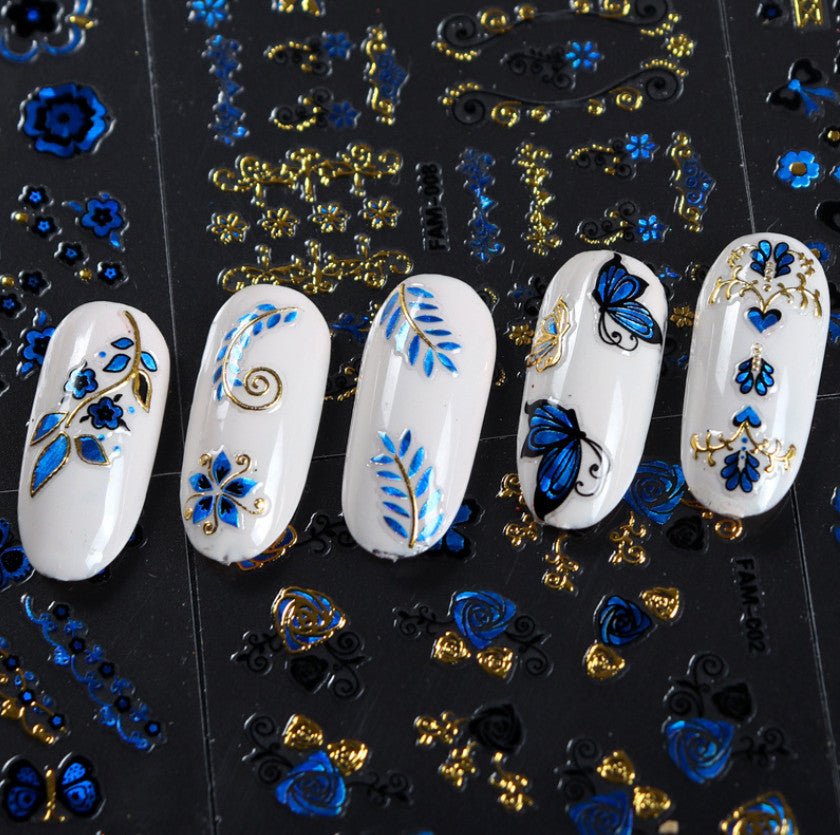 Gold Blue Lace Butterfly Floral Nail Art Stickers Set - 10 Sheets