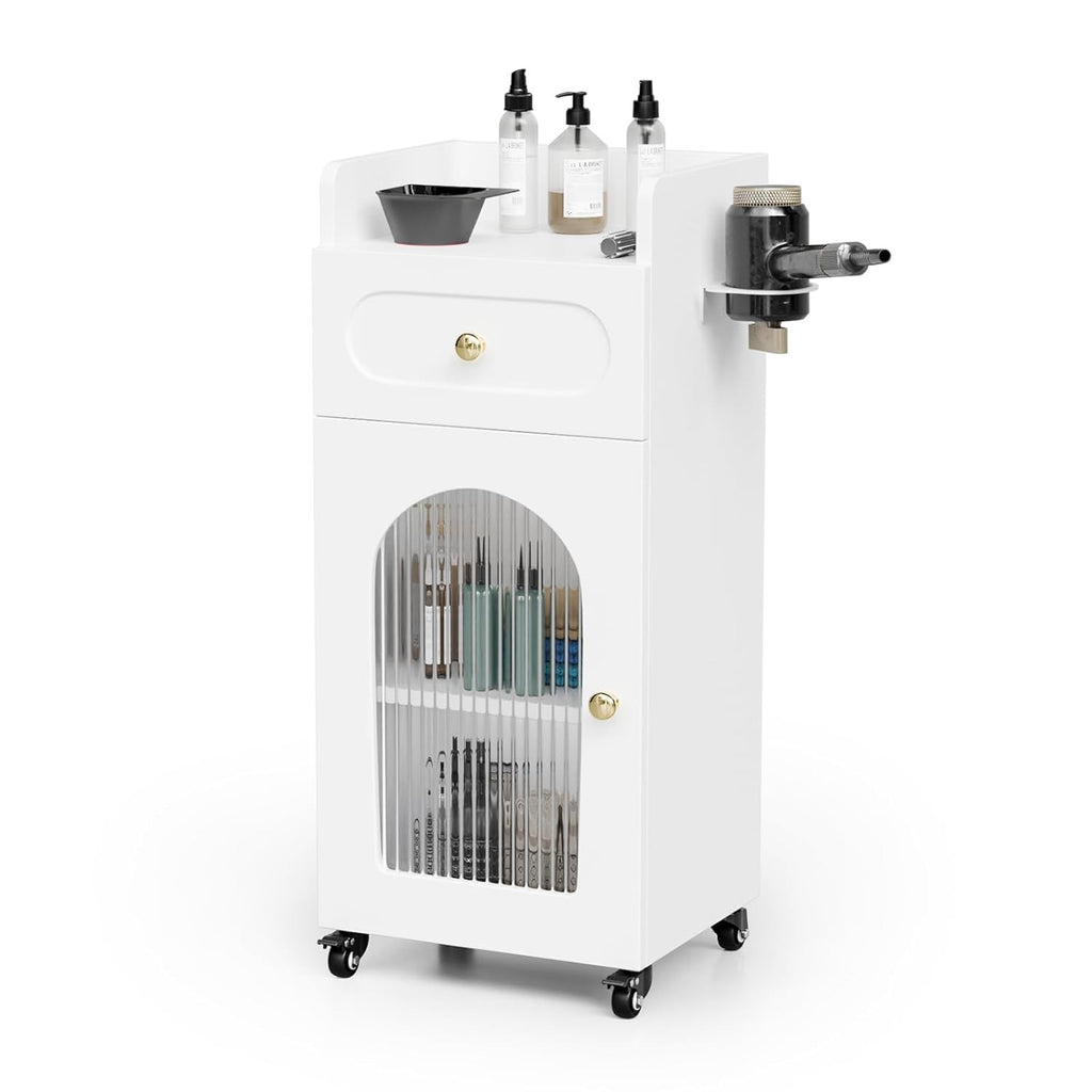 Salon Trolley Cart with Glass Door & Adjustable Shelves for Barber & Beauty Spa