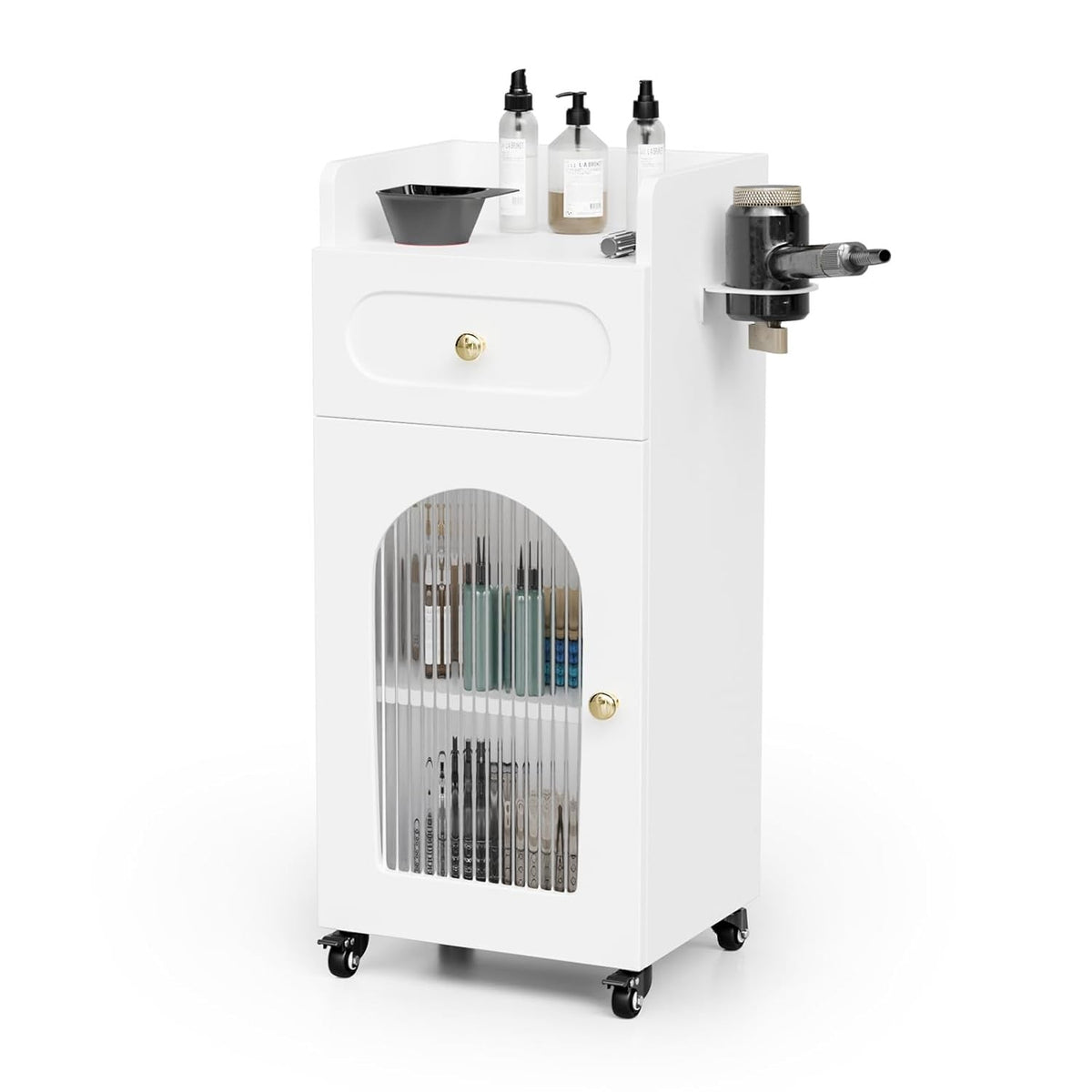 Salon Trolley Cart with Glass Door & Adjustable Shelves for Barber & Beauty Spa