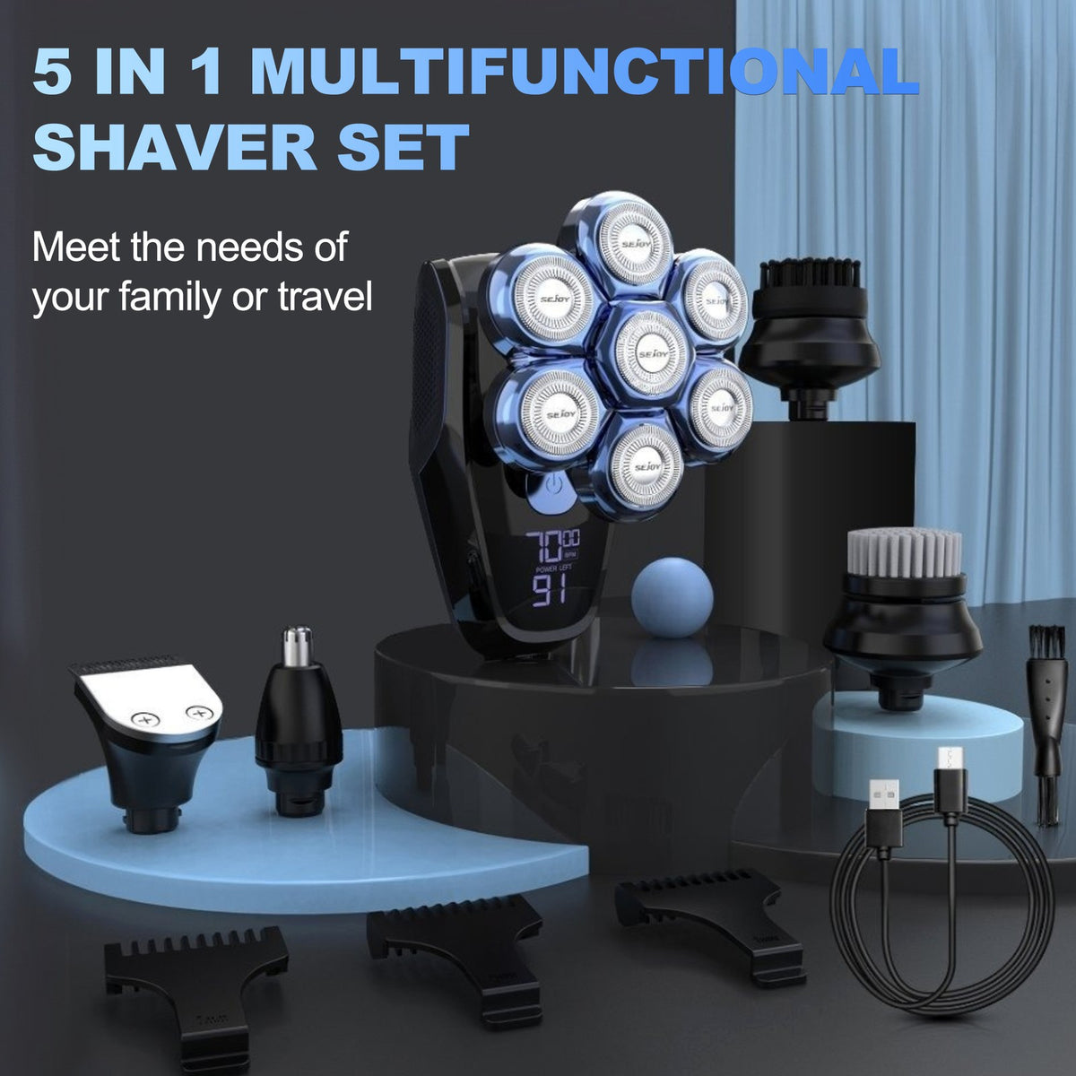 7D Rotary Electric Shaver for Men - Cordless Waterproof Bald Head Razor & Trimmer