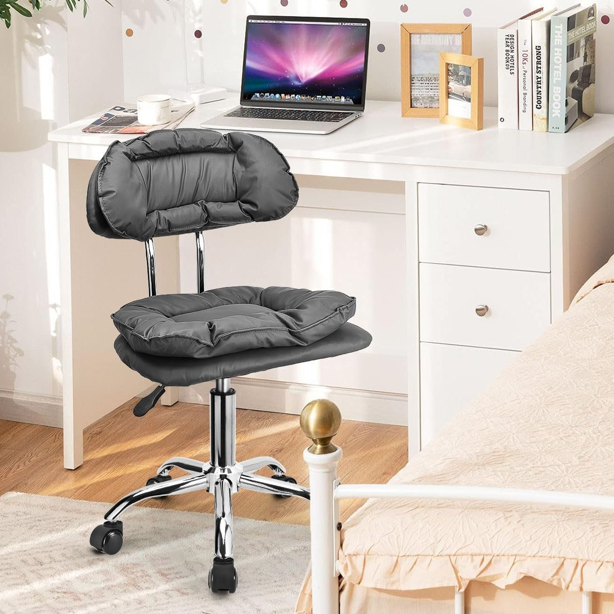Adjustable Rolling Stool with Backrest and Thick Seat Padding - Heavy Duty Grey