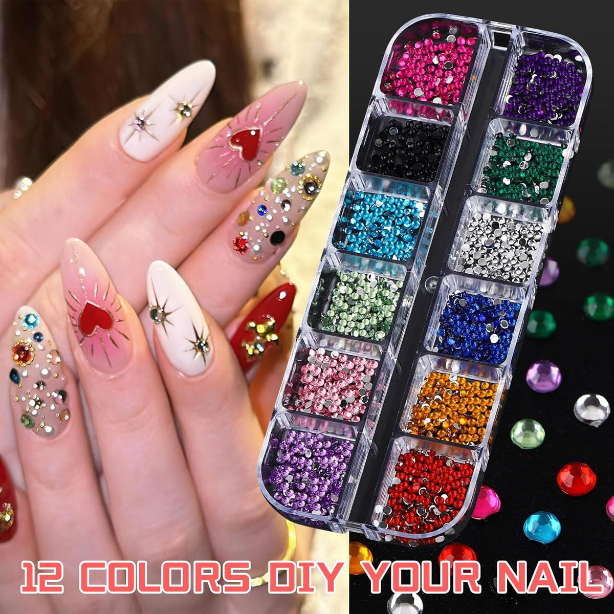 Colorful Crystal Rhinestones Nail Gems Set with Multi Shape Flat Back Charms - 2mm