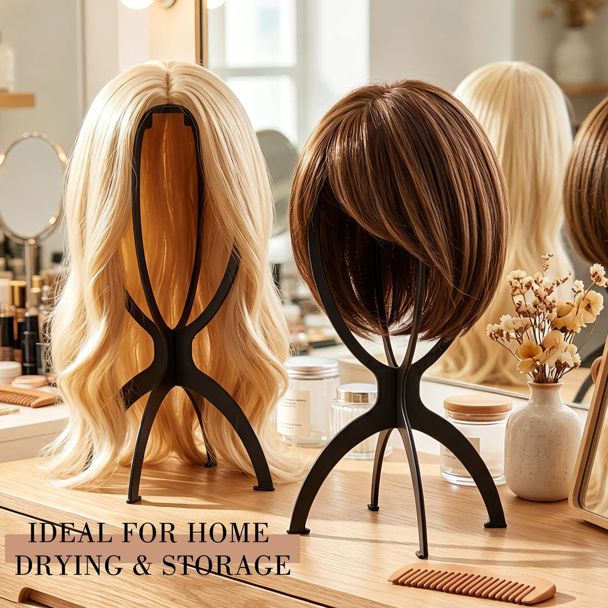 Portable Wig Stand Holder 2 Pack Travel Salon & Home Use Black
