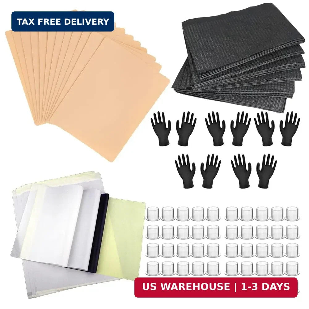 Tattoo Practice Kit 85pcs – Realistic Fake Skin, Transfer Paper, Ink Cups & Gloves