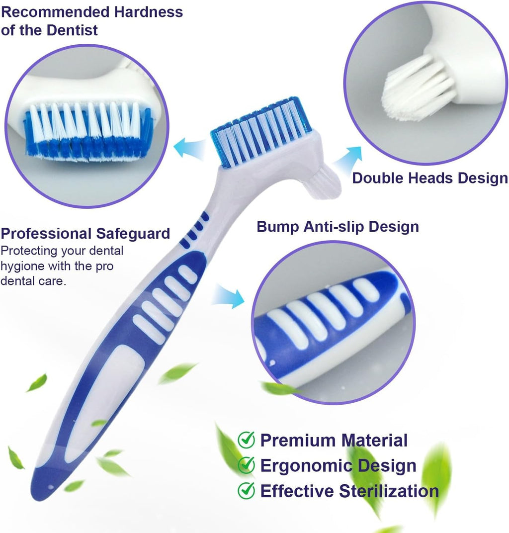 Denture Cleaning Brush Dual-Sided Soft Bristles Rubber Handle