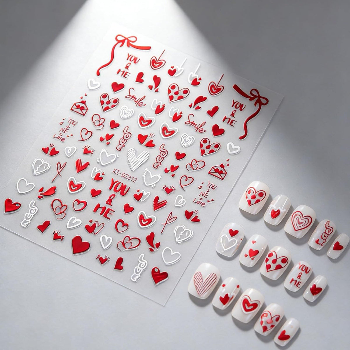 Valentine's Day Nail Stickers 3D Red Heart & Love Decals Set - Romantic Nail Art