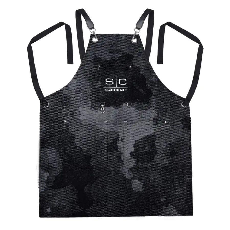 Heavyweight Barber Apron with Adjustable Cross-Back Straps and Multiple Pockets - Black Camo