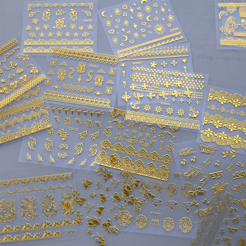 Gold Lace Moon and Star Nail Art Stickers - 10 Sheets for Elegant Nail Decoration