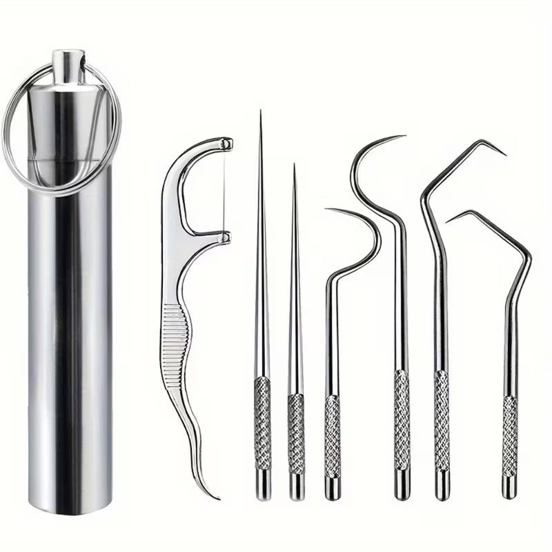 Set of 7 Stainless Steel Toothpicks with Keychain Holder - Reusable Portable Oral Care