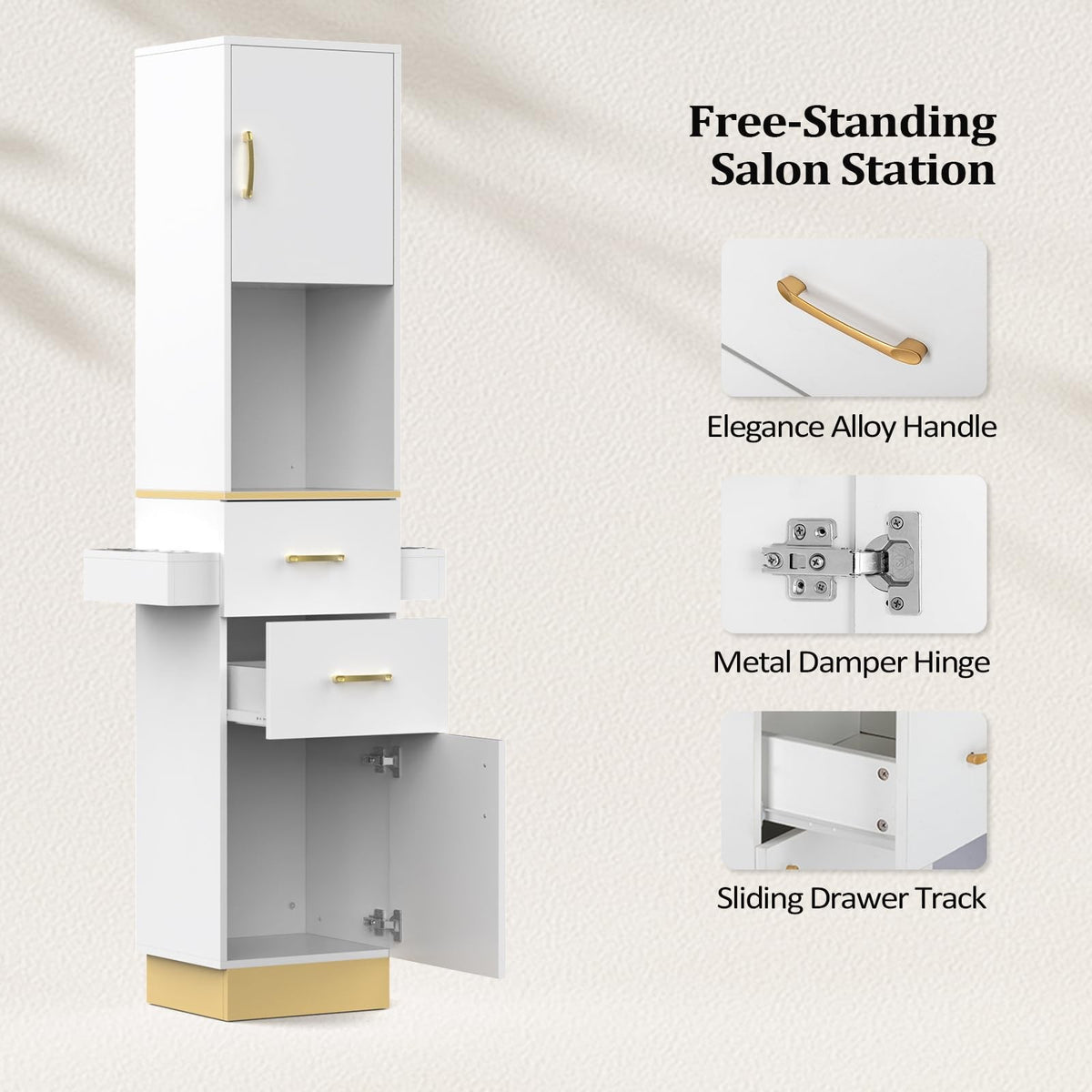 Salon Storage Station with 2 Drawers & 6 Hair Dryer Holders - White Gold
