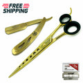 Professional Hair Cutting Shears and Straight Razor Set - Gold Plated