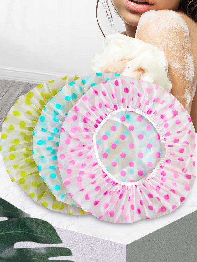 3-Pack Waterproof Reusable Polka Dot Shower Caps for Women & Teens
