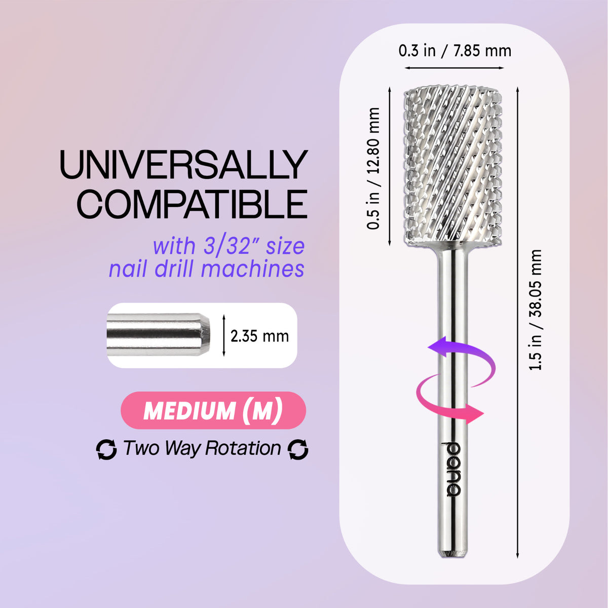 Pink & White Nail Drill Carbide Bit - 3/32 Inch Medium Grit, Durable Tungsten, Pana