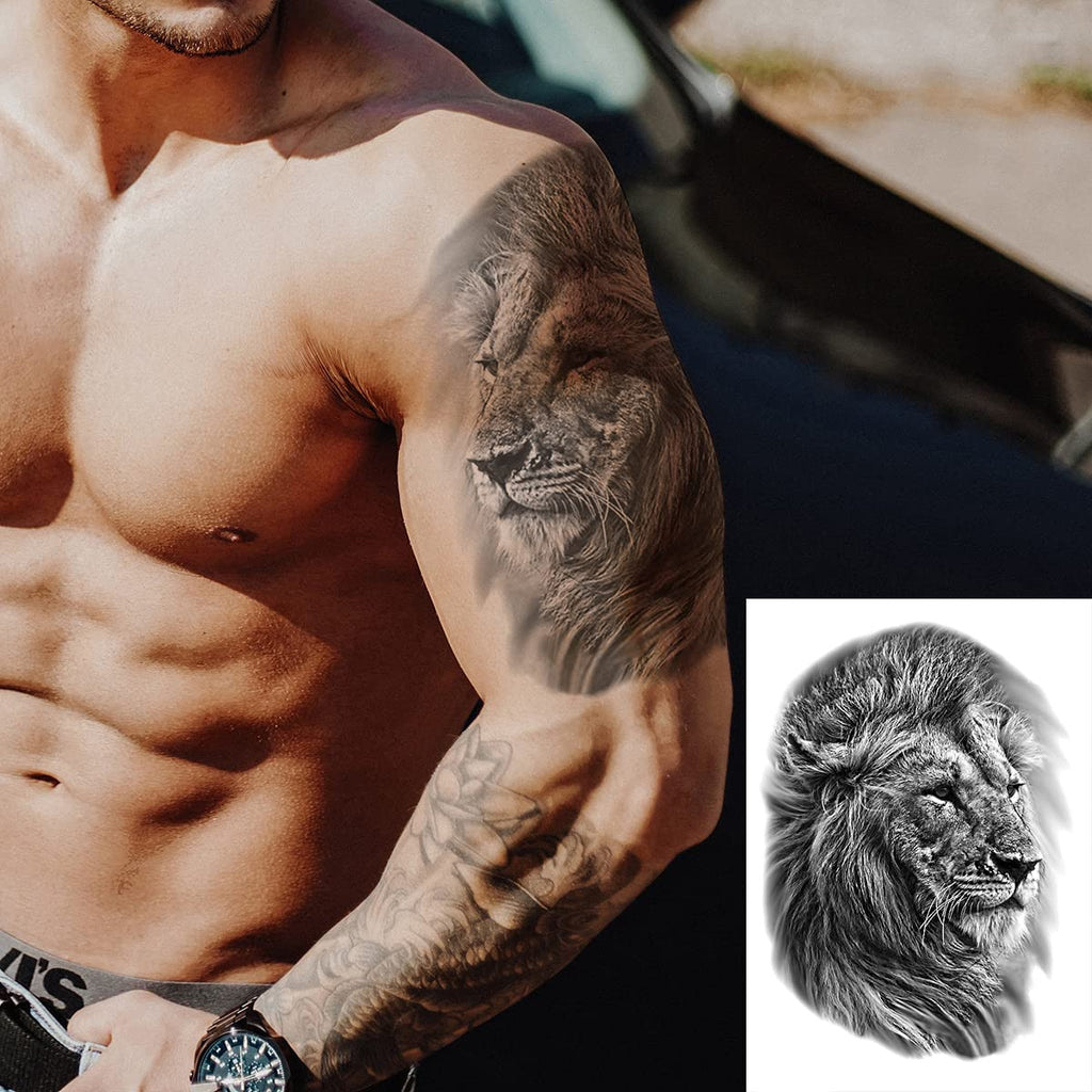 Temporary Tattoo Sheets - 12 Pack Waterproof Body Art Stickers with Fierce Tiger Lion Wolf Designs