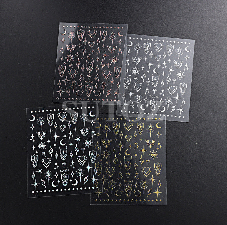 Retro Star Moon Metallic Nail Stickers - Gold Silver Laser 3D Nail Art