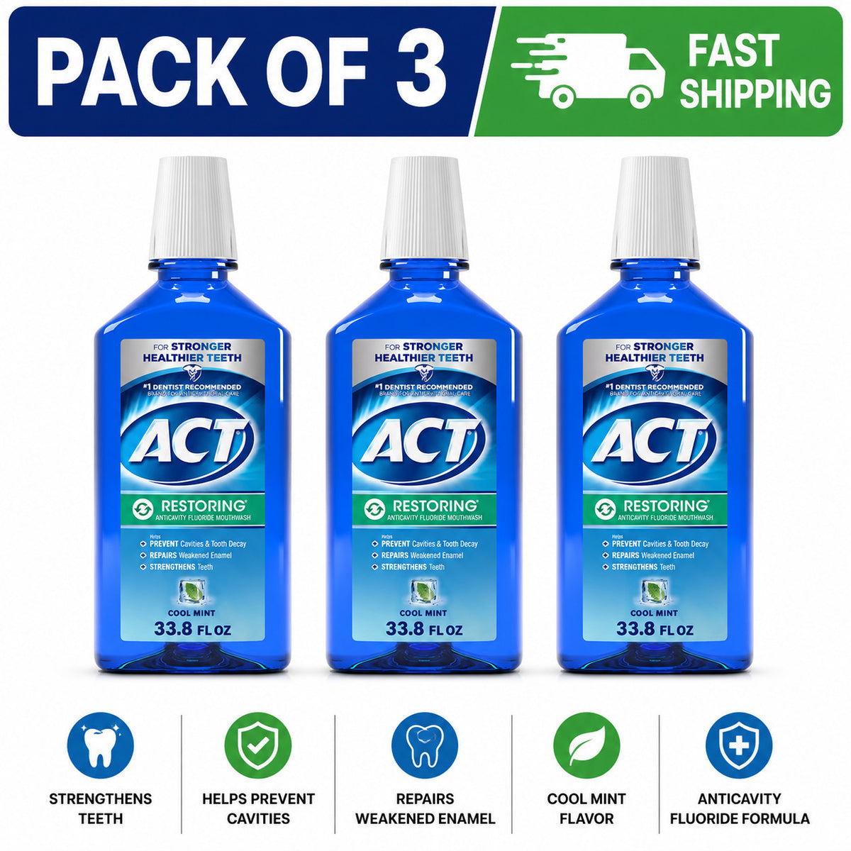 ACT Restoring Fluoride Mouthwash Cool Mint 33.8 fl oz - Pack of 3 for Cavity Prevention