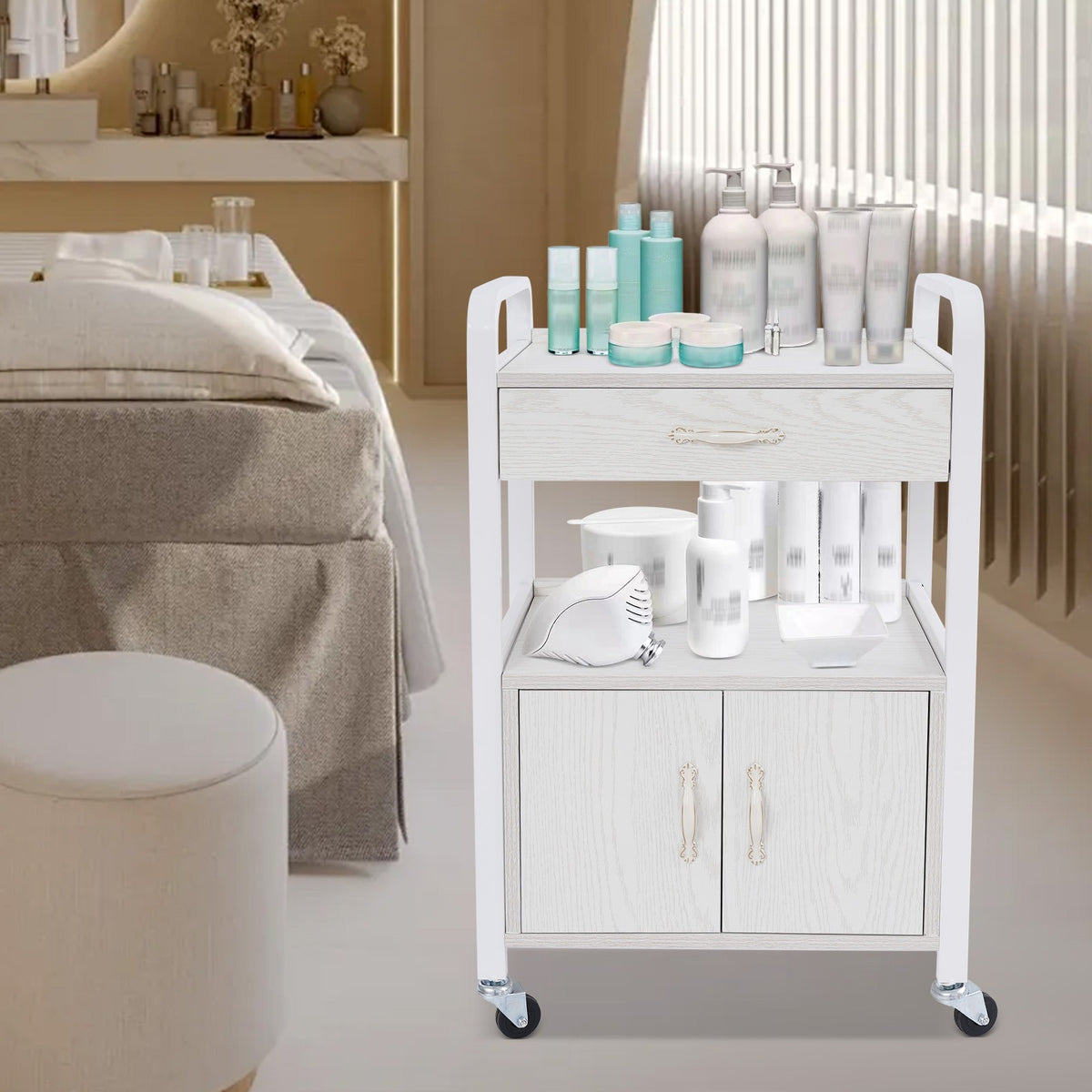 Salon Beauty Trolley Rolling Cart Storage Cabinet with Drawer - White
