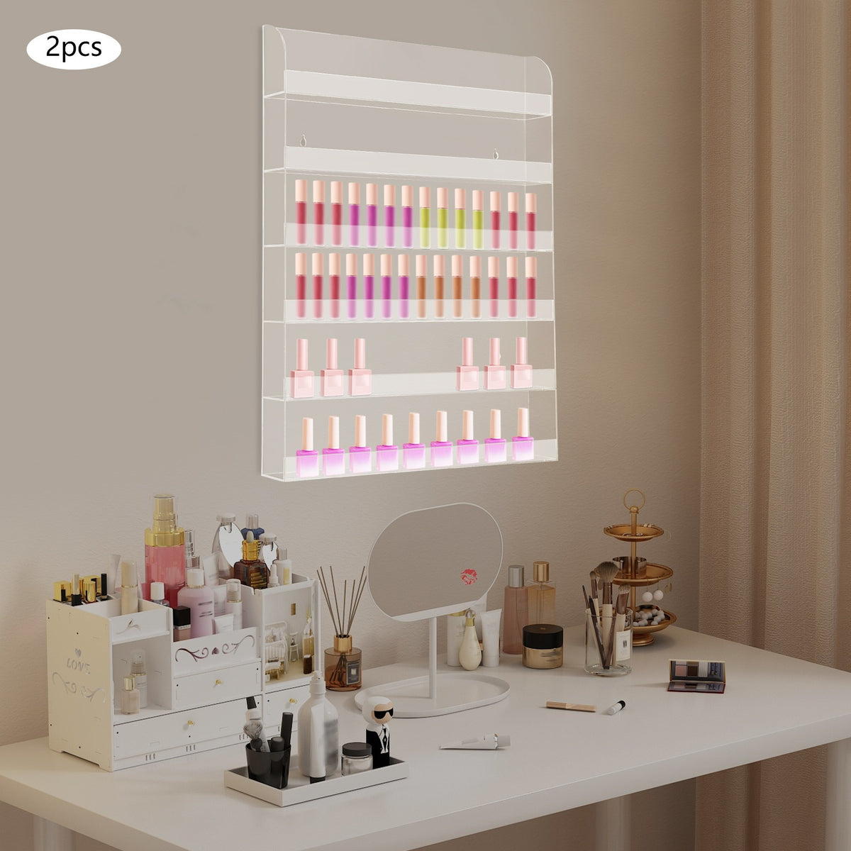 Acrylic Wall Mounted Nail Polish Organizer Rack - 6-Tier Storage Holder Set