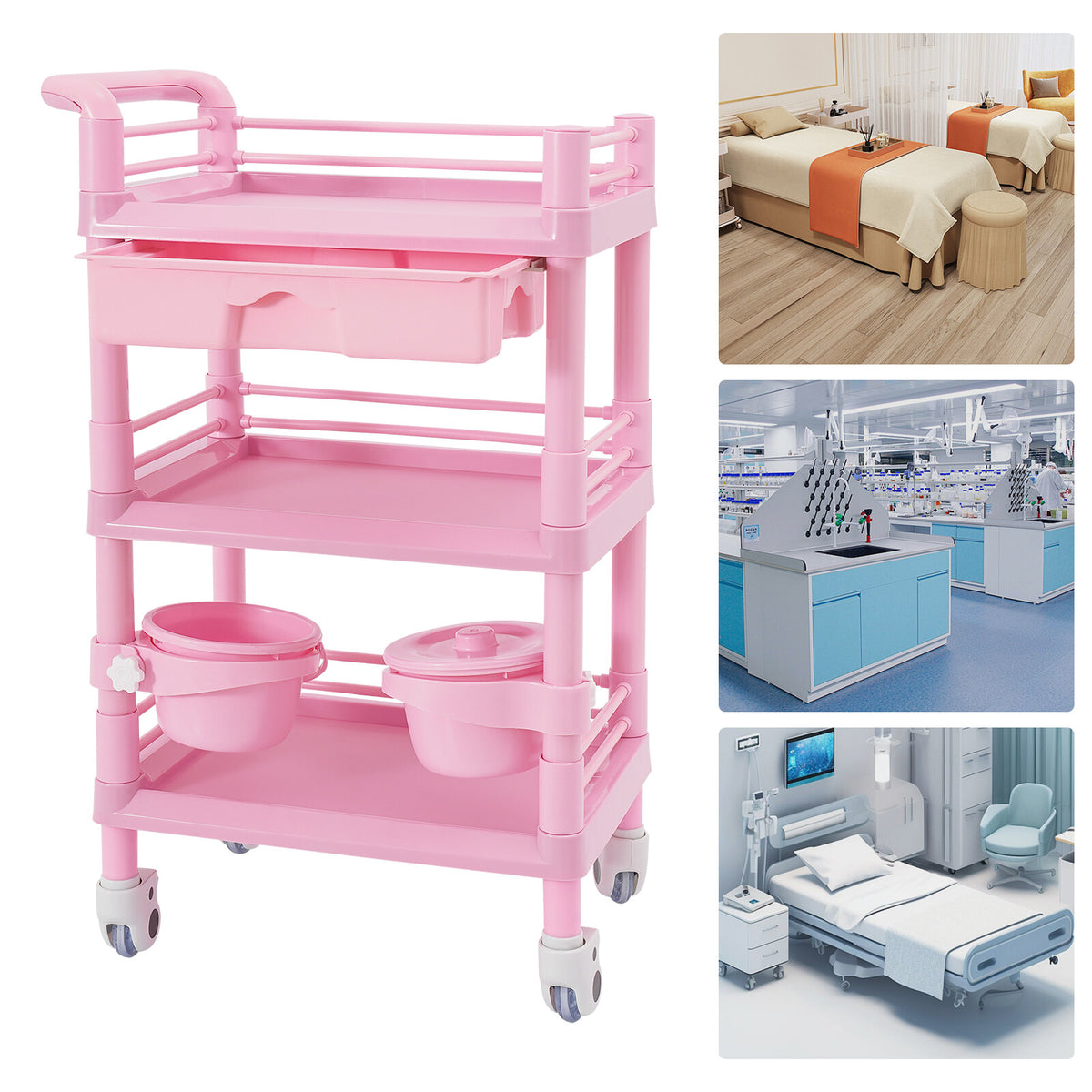 Salon Storage Cart with 3 Tiers and Drawer Pink Mobile Organizer