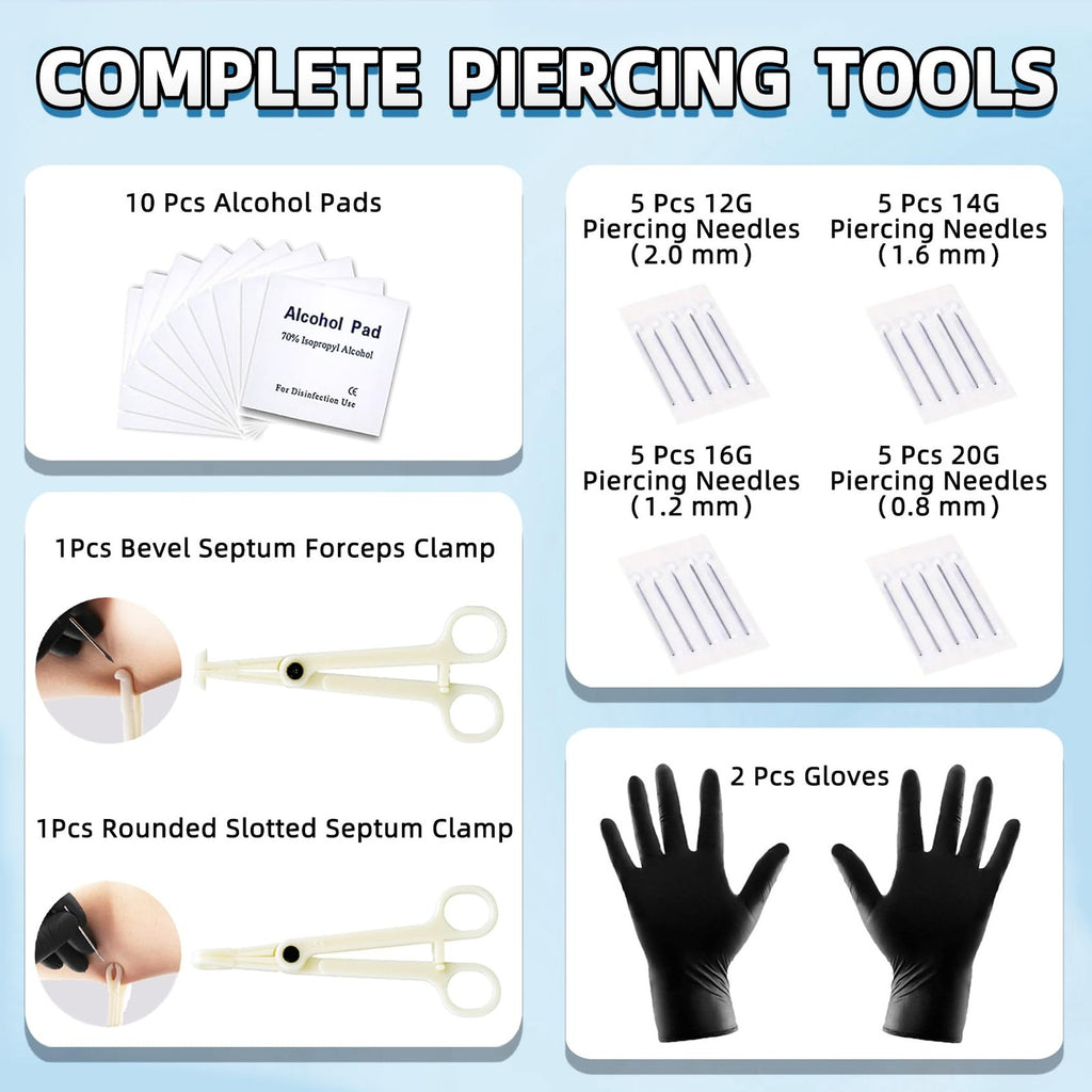 99 Piece Body Piercing Kit - Stainless Steel Jewelry & Tools 12G 14G
