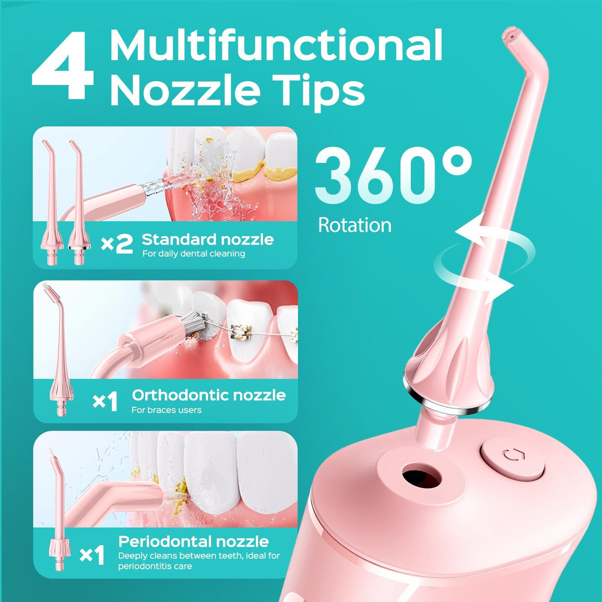 Water Dental Flosser with 4 Modes 5 Intensity Levels Pink - Oral Care Device