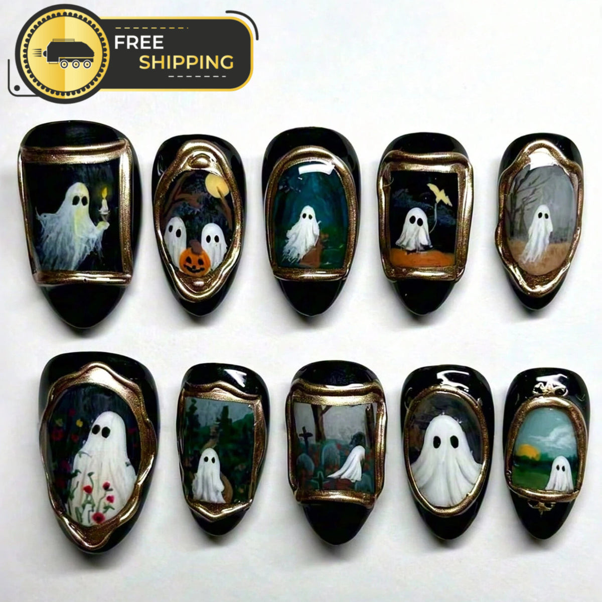 Gothic Ghost Press-On Nails Set - Halloween Fake Nails for Women, 10 Pieces
