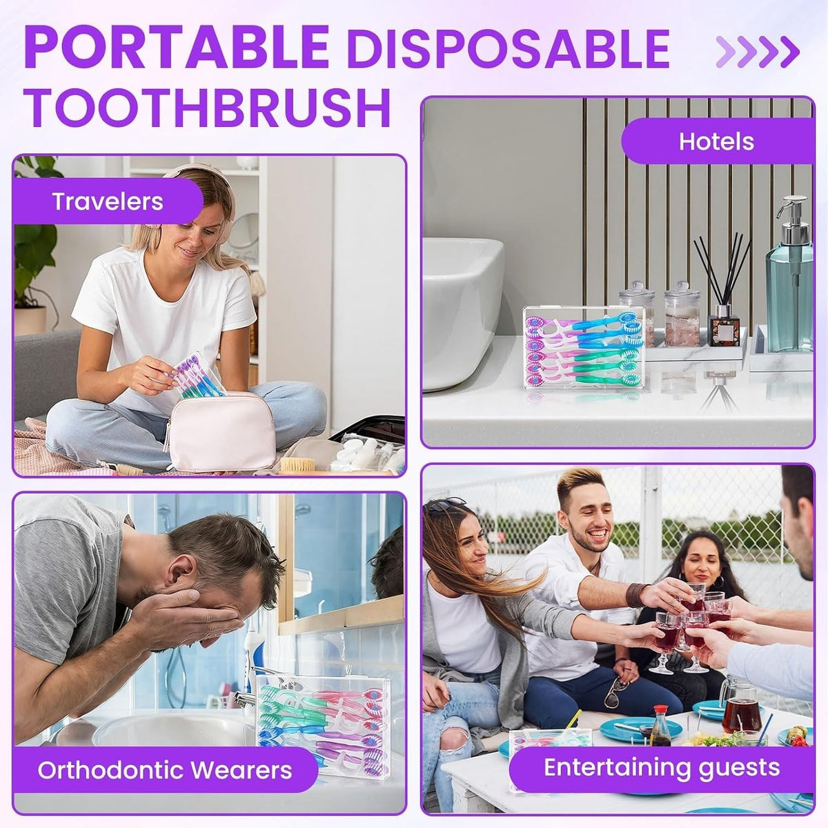 Mini 5-in-1 Disposable Travel Toothbrush Set with Floss, Waterless, Bulk 48 Pack