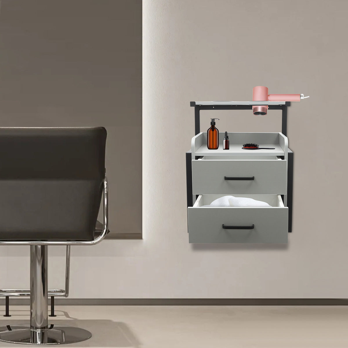 Wall-Mount Salon Station Cabinet with 2 Drawers for Beauty & Barber Shops