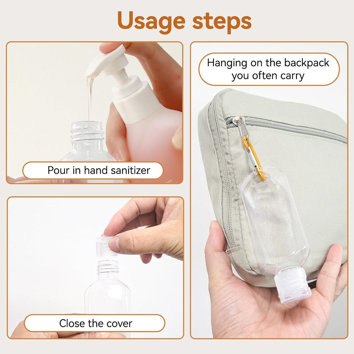 6 Pack Travel Sanitizer Bottles with Keychain - Leakproof 50ml Refillable