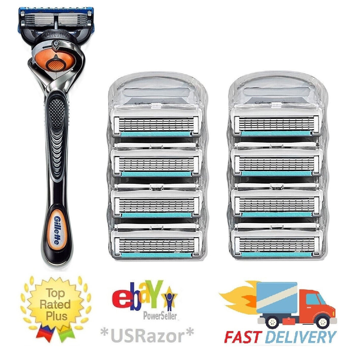 Gillette Fusion FlexBall Razor Handle + 8 Blade Refills - Compatible & New