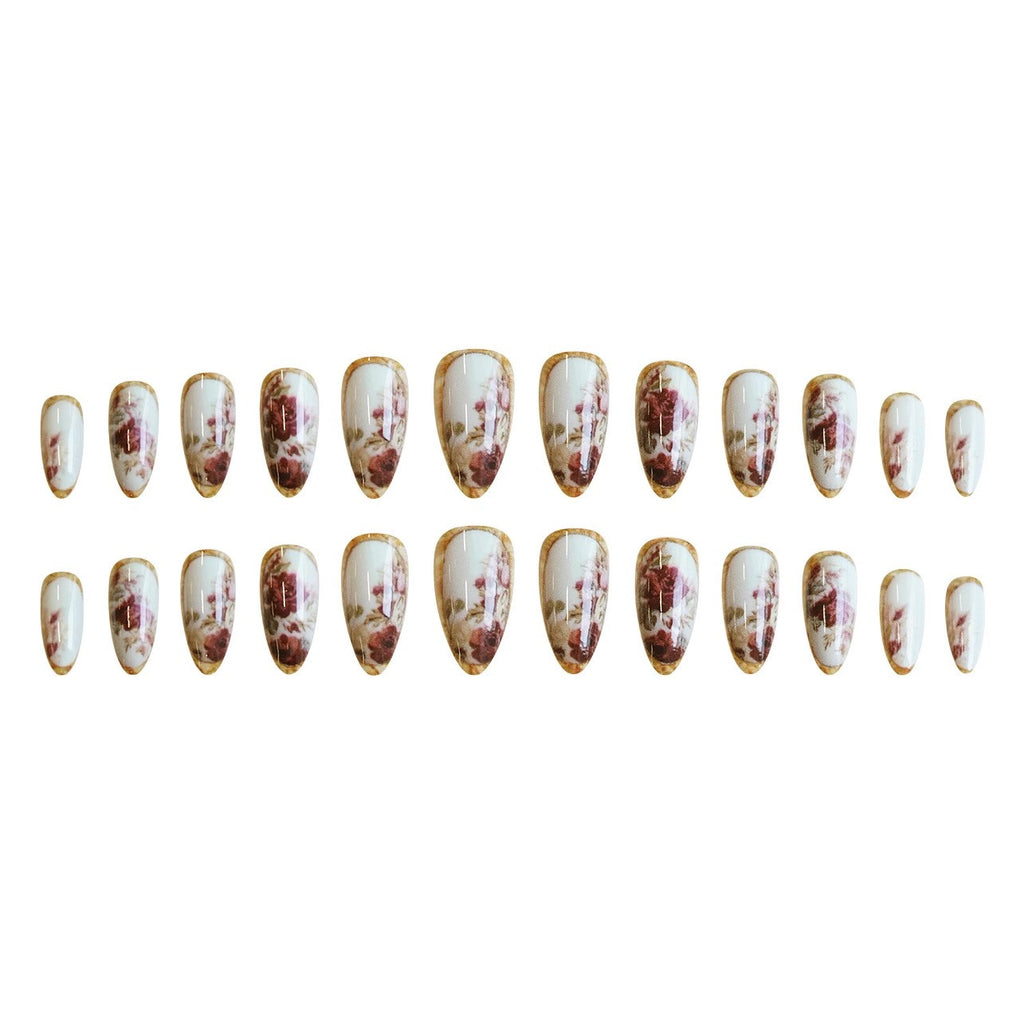 48P Short Almond Press-On Fake Nails with Red Rose Gold Trim - Glossy Nail Art
