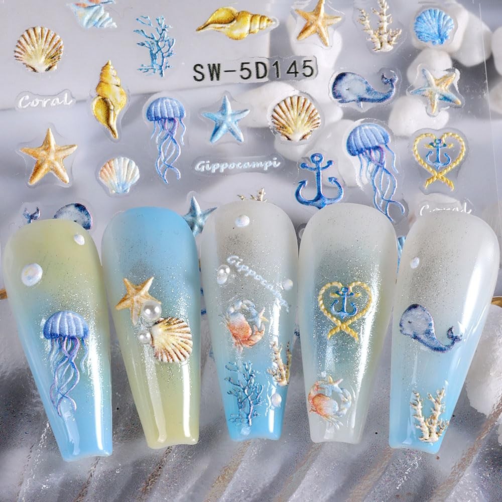 Summer Ocean Nail Stickers - 5D Embossed Shell & Sea Creatures Decals