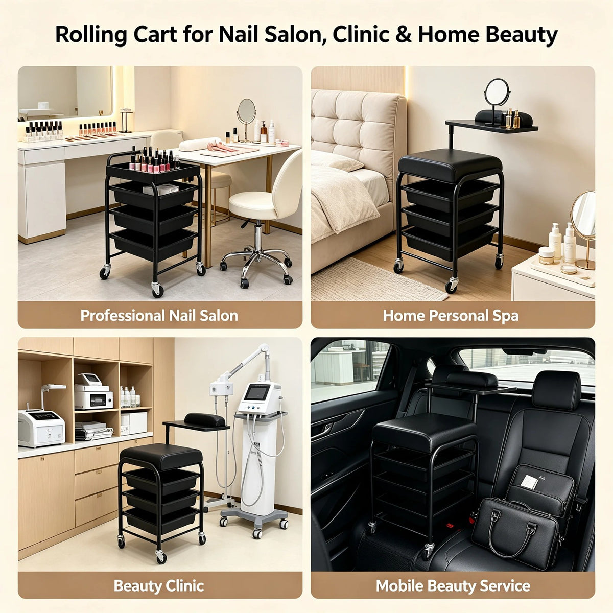 Salon Storage Trolley Cart with 3 Drawers & 360° Rotating Hand Rest - Professional Nail & Beauty Station