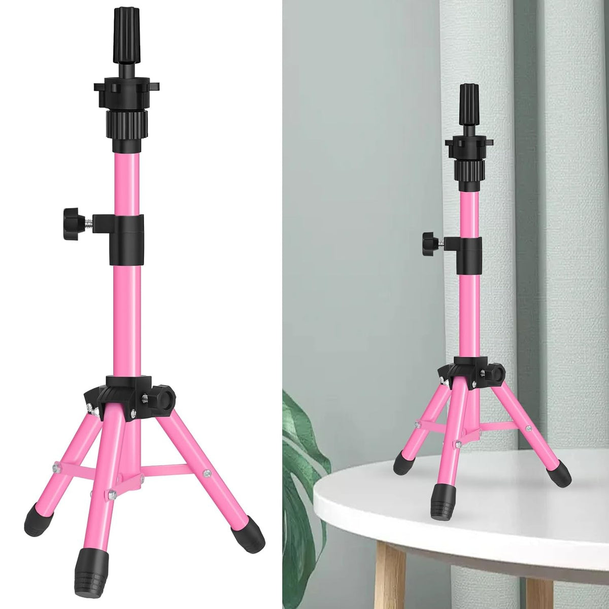 25 Inch Pink Adjustable Tripod Wig Stand for Display & Cosmetology