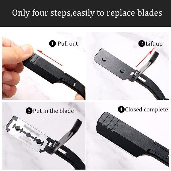 Foldable Straight Razor Shaving Kit with 20 Blades & Storage Bag