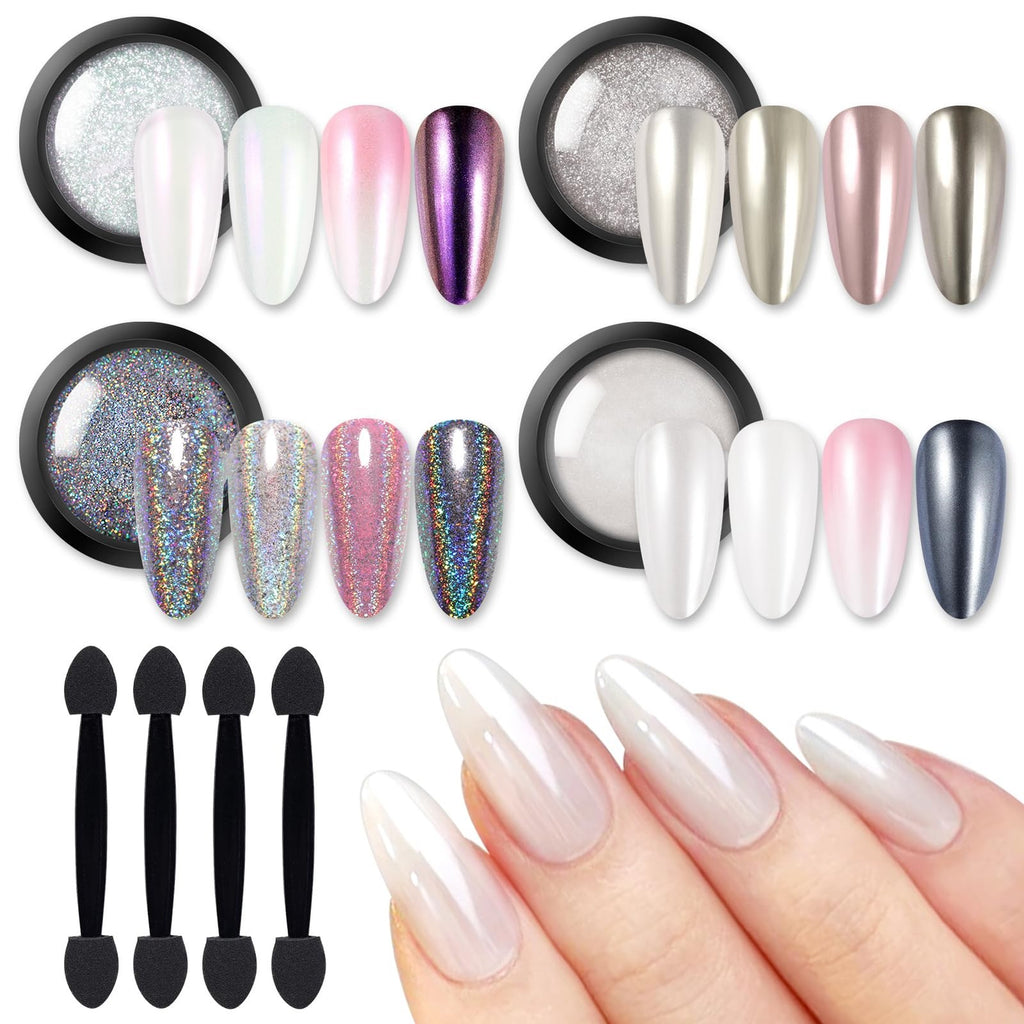 Chrome Nail Powder Set - White Pearl, Holographic & Mirror Effects