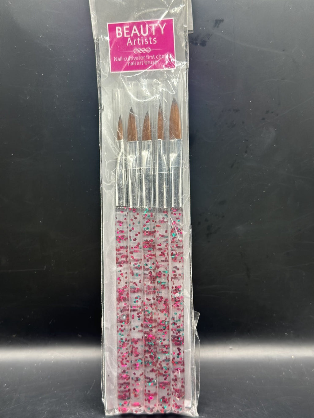 Professional Crystal Nail Art Brushes Set with Glitter Handles - 5 Pieces