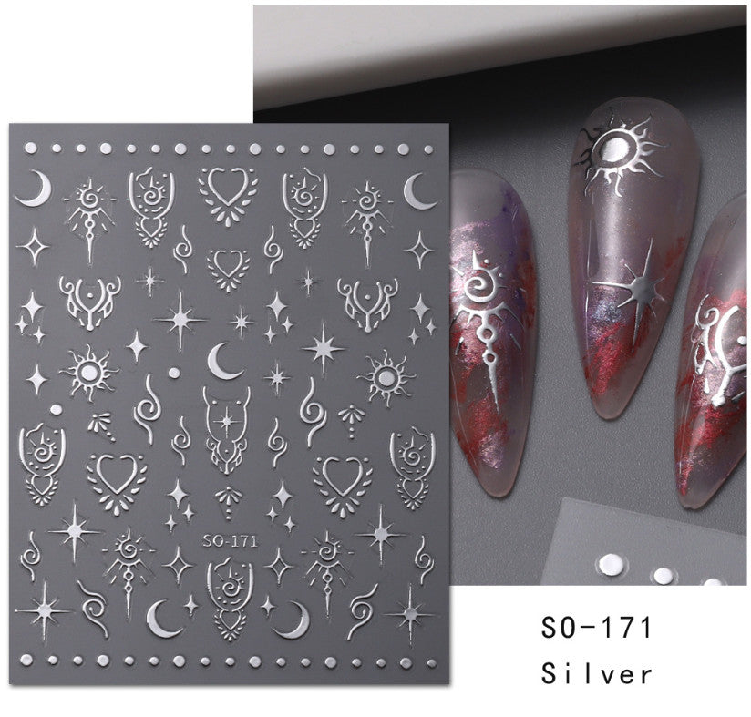 Retro Star Moon Metallic Nail Stickers - Gold Silver Laser 3D Nail Art
