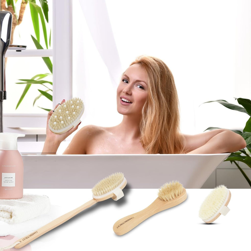 Dry Body Brush Set with Long Handle and Natural Boar Bristles for Face & Body