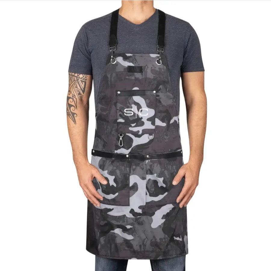 Heavyweight Barber Apron with Adjustable Cross-Back Straps and Multiple Pockets - Black Camo