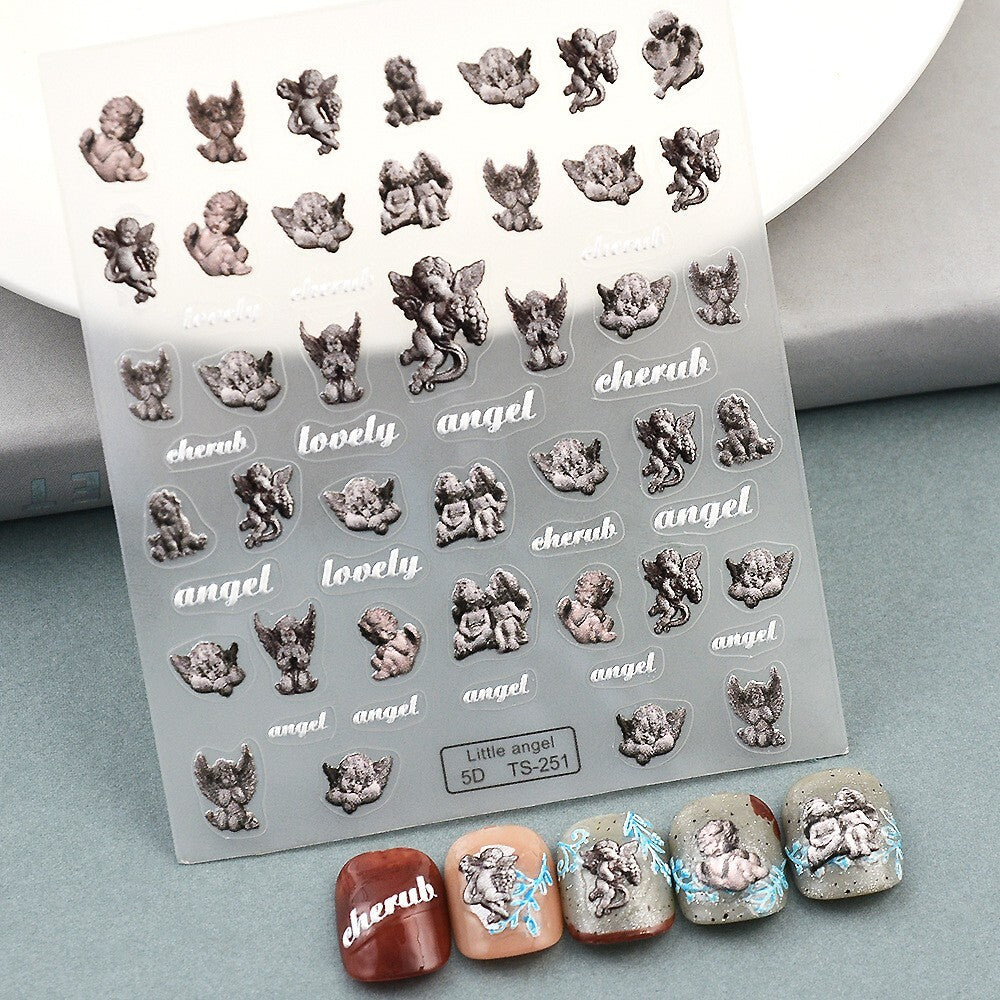 Self-Adhesive 5D Angel Nail Art Stickers, Embossed Nail Decals for Manicure