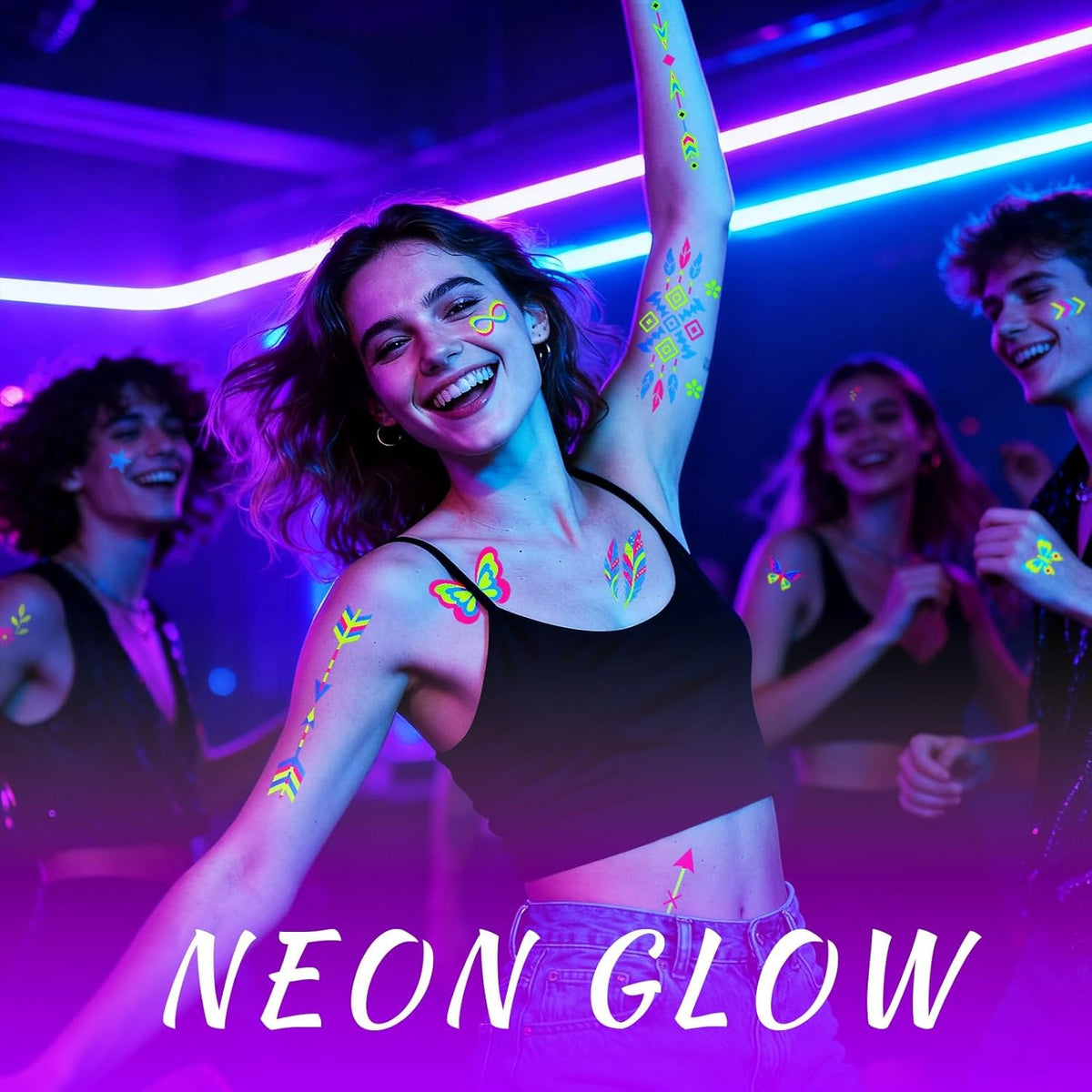 Glow-in-the-Dark Temporary Tattoos – 192+ Neon UV Blacklight Body Art Sheets