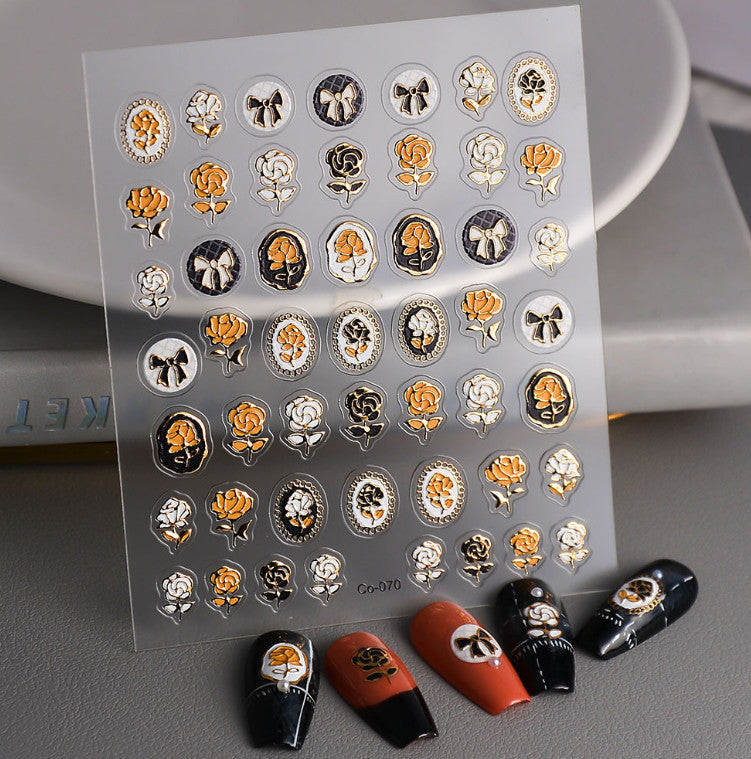 Retro Golden Rose Nail Art Sticker - Embossed Floral Design for Nails