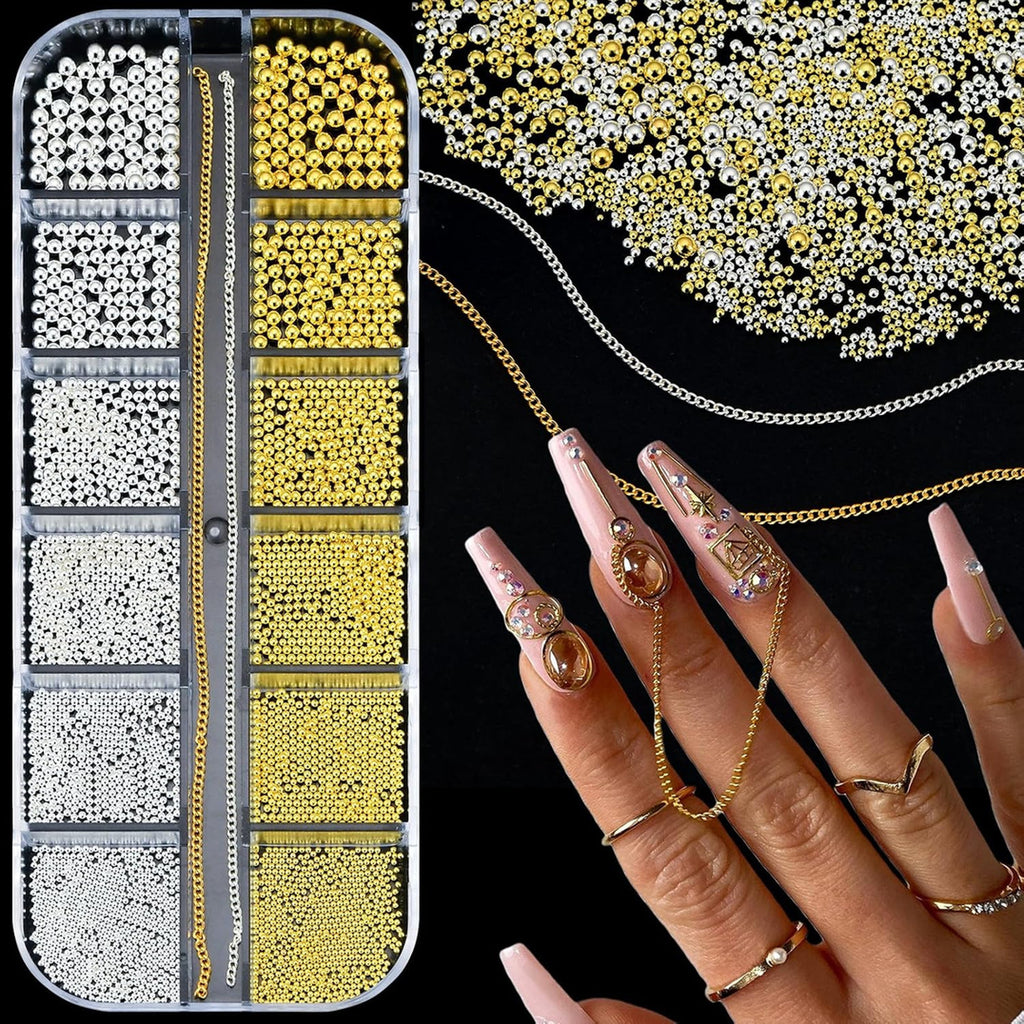 Silver and Gold Nail Art Beads Caviar Chain Set for Manicure Decor