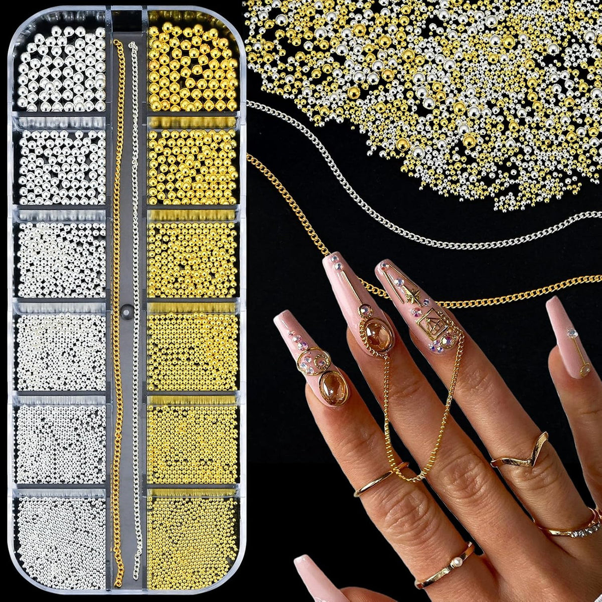 Silver and Gold Nail Art Beads Caviar Chain Set for Manicure Decor