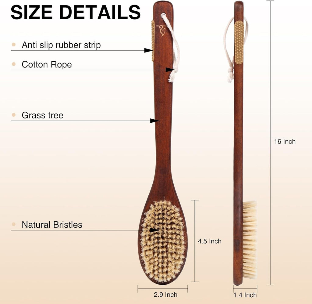 Wooden Bath Brush with Sisal Bristles & Long Handle for Shower Back Scrubbing