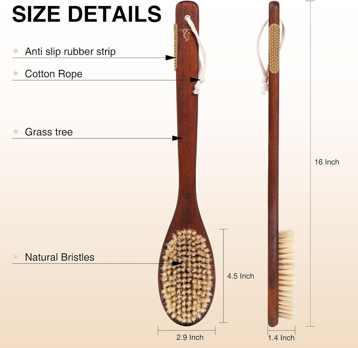 Wooden Bath Brush with Sisal Bristles & Long Handle for Shower Back Scrubbing