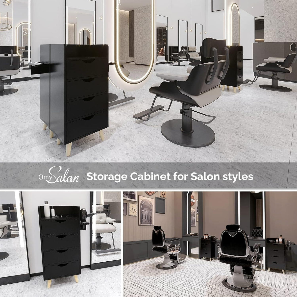 4-Layer Salon Storage Cabinet for Hair Styling Stations - Black MDF