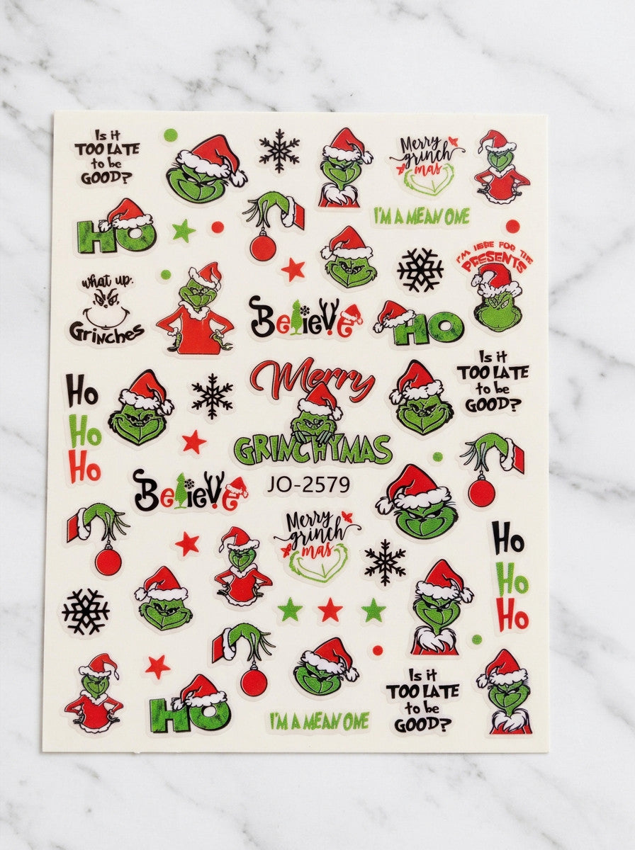 3D Grinch Christmas Nail Art Stickers - Holiday Nail Decals for Festive Nails